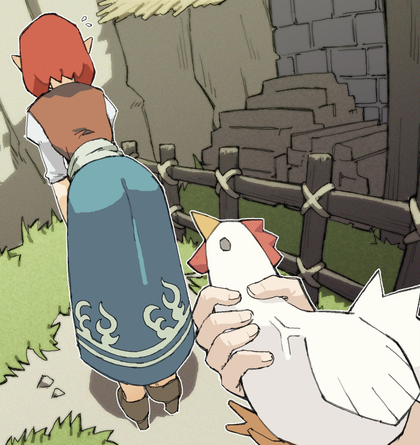 1girl anju ass bent_over bird blue_dress chicken commentary_request cucco dress euphemism facing_away fence flying_sweatdrops high_heels highres pantsu-ripper pointy_ears red_hair sexually_suggestive short_hair short_sleeves spanish_commentary the_legend_of_zelda the_legend_of_zelda:_ocarina_of_time veins vest