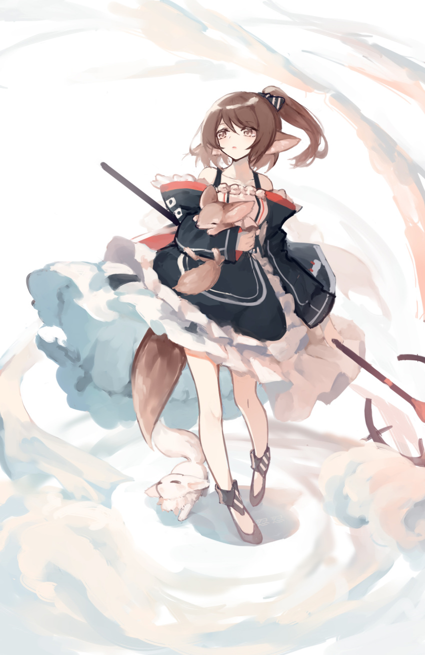 1girl animal animal_ears arknights black_footwear blue_bow blue_dress bow brown_eyes brown_hair commentary_request dress fox fox_ears fox_girl fox_tail frilled_dress frills full_body hair_bow high_heels highres holding holding_animal holding_staff long_hair looking_afar perfumer_(arknights) ponytail renren solo staff tail weibo_username white_background