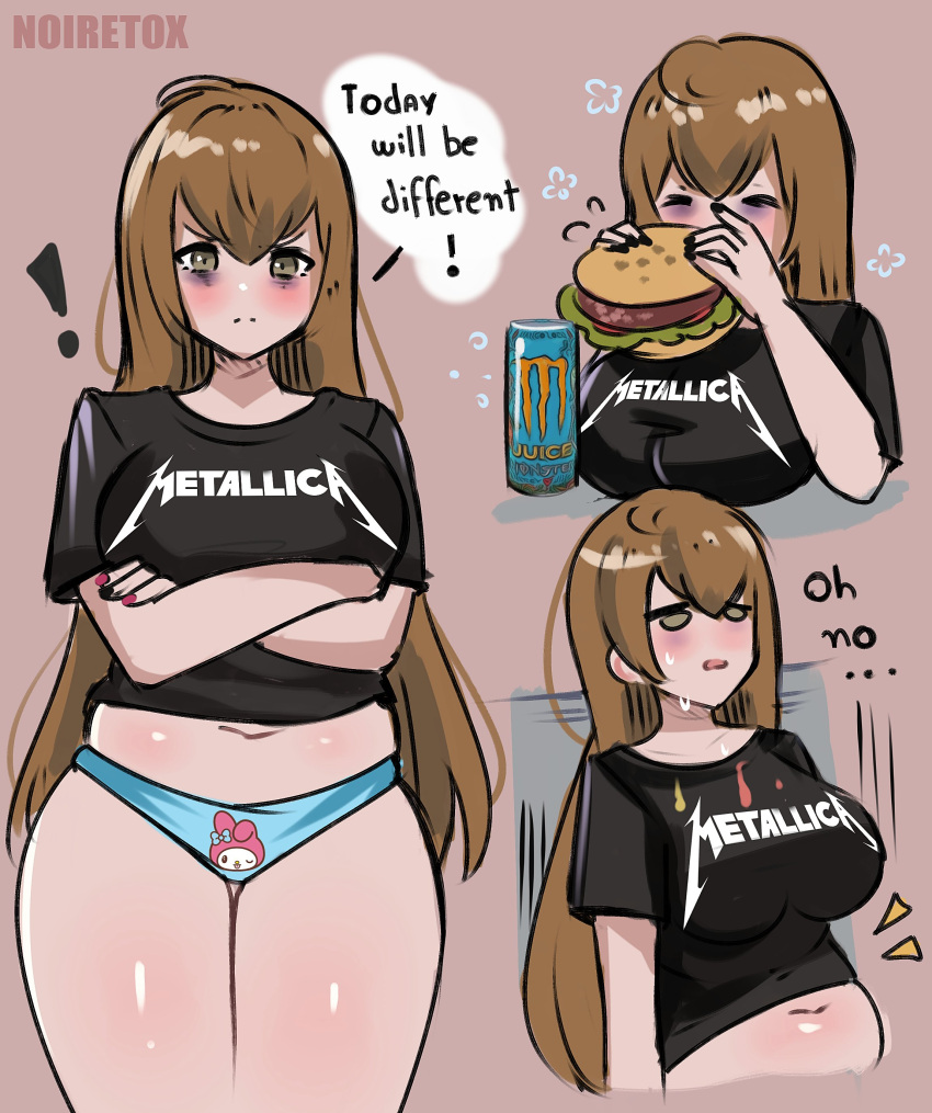 ! 1girl absurdres artist_name bags_under_eyes belly black_shirt blue_panties blush brown_eyes brown_hair burger closed_eyes closed_mouth commentary cropped_torso crossed_arms eating energy_drink food frown highres long_hair metallica midriff monster_energy multiple_views my_melody nail_polish navel noiretox onegai_my_melody original panties parted_lips plump shirt simple_background solo speech_bubble sweat t-shirt thighs underwear very_long_hair watermark weight_conscious
