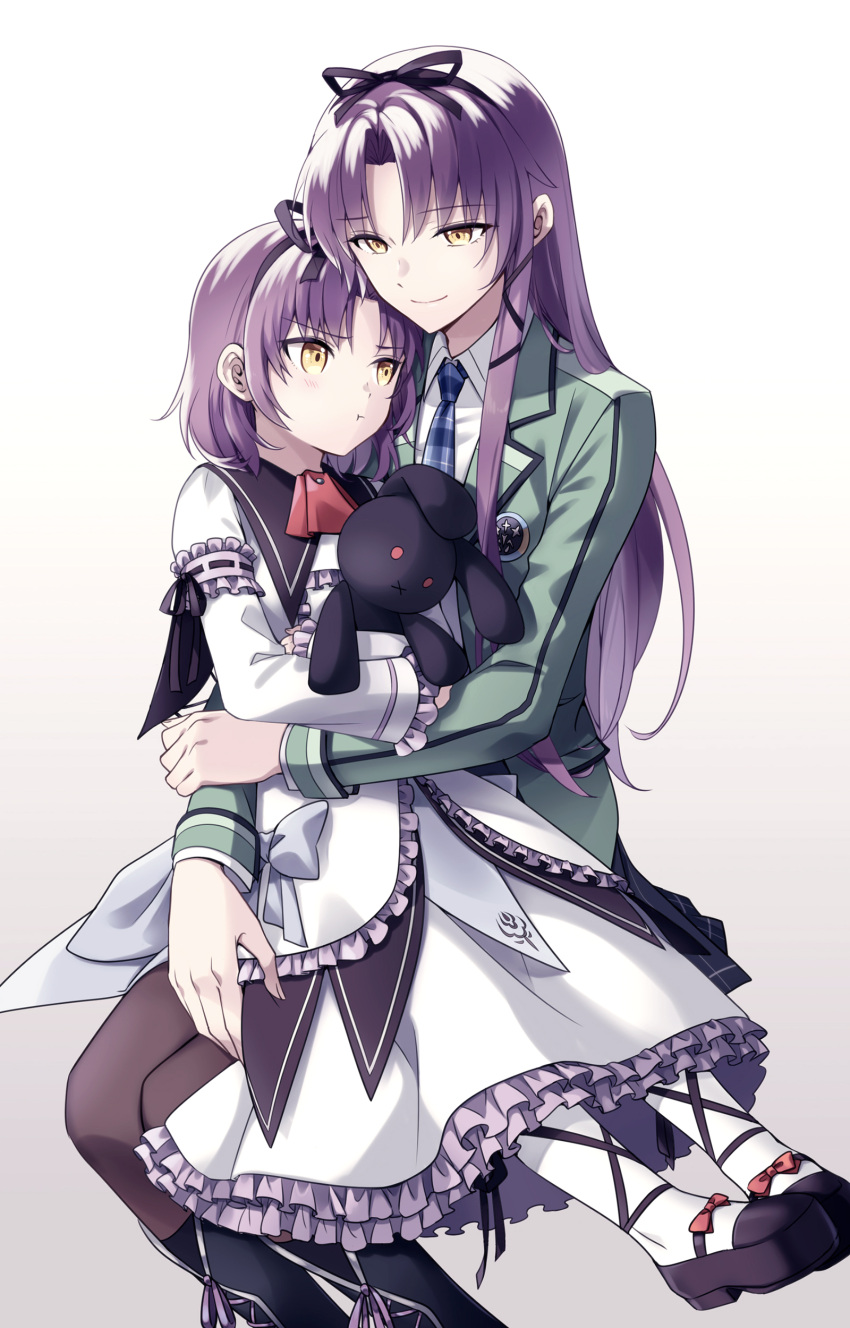 2girls absurdres age_progression bangs black_footwear black_ribbon blue_necktie blush dress eiyuu_densetsu gothic_lolita green_jacket highres jacket kuro_no_kiseki lolita_fashion long_hair multiple_girls necktie older pantyhose parted_bangs pout purple_hair renne_(eiyuu_densetsu) ribbon school_uniform shirt short_hair sitting sitting_on_lap sitting_on_person sora_no_kiseki stuffed_animal stuffed_bunny stuffed_toy sun_trial white_dress white_shirt yellow_eyes younger