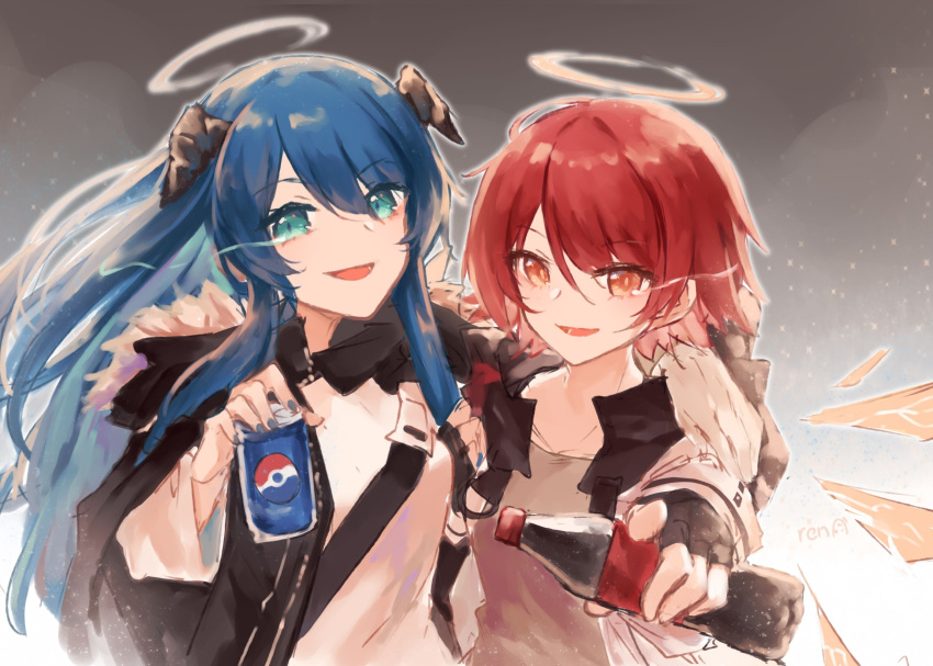 2girls :d arknights arm_around_shoulder black_jacket blue_eyes blue_nails bottle can coca-cola demon_horns detached_wings energy_wings exusiai_(arknights) fur-trimmed_hood fur_trim gloves glowing glowing_eye grey_background halo highres holding holding_bottle holding_can hood hood_down hooded_jacket horns jacket mostima_(arknights) multiple_girls open_clothes open_jacket open_mouth pepsi pointing pointing_at_viewer red_hair renren shirt short_hair simple_background single_glove smile upper_body white_gloves white_shirt wings