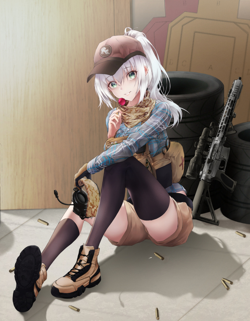 1girl ammunition_belt ammunition_pouch assault_rifle asymmetrical_legwear bangs baseball_cap black_thighhighs brown_footwear brown_gloves brown_headwear brown_shorts camouflage_scarf candy chinese_commentary first_aid_kit floor food full_body gloves green_eyes gun hat headphones highres holding holding_candy holding_food holding_headphones holding_lollipop legs lollipop long_hair long_sleeves looking_at_viewer military on_floor open_mouth original parted_lips plaid plaid_shirt ponytail pouch rifle seydlitz_art shell_casing shirt shoes shorts single_glove smile solo thighhighs tire weapon weapon_removed weapon_request white_hair