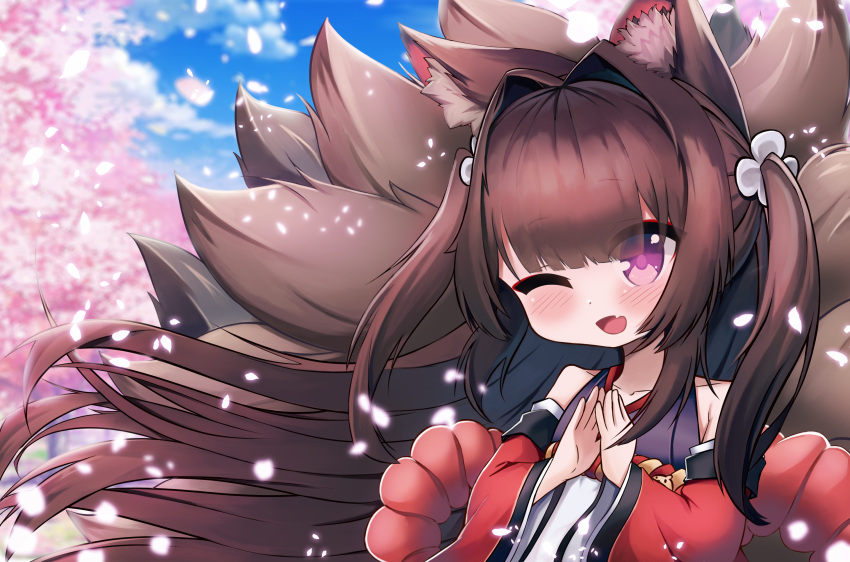 1girl ;d amagi-chan_(azur_lane) animal_ears azur_lane bangs blue_sky blunt_bangs blush brown_hair cherry_blossoms cloud cloudy_sky commentary_request eyes_visible_through_hair eyeshadow fox_ears fox_girl fox_tail hair_ornament highres inkyubeiteo japanese_clothes kyuubi long_hair looking_at_viewer makeup multiple_tails one_eye_closed petals purple_eyes rope shimenawa sidelocks sky smile solo tail twintails wide_sleeves wind