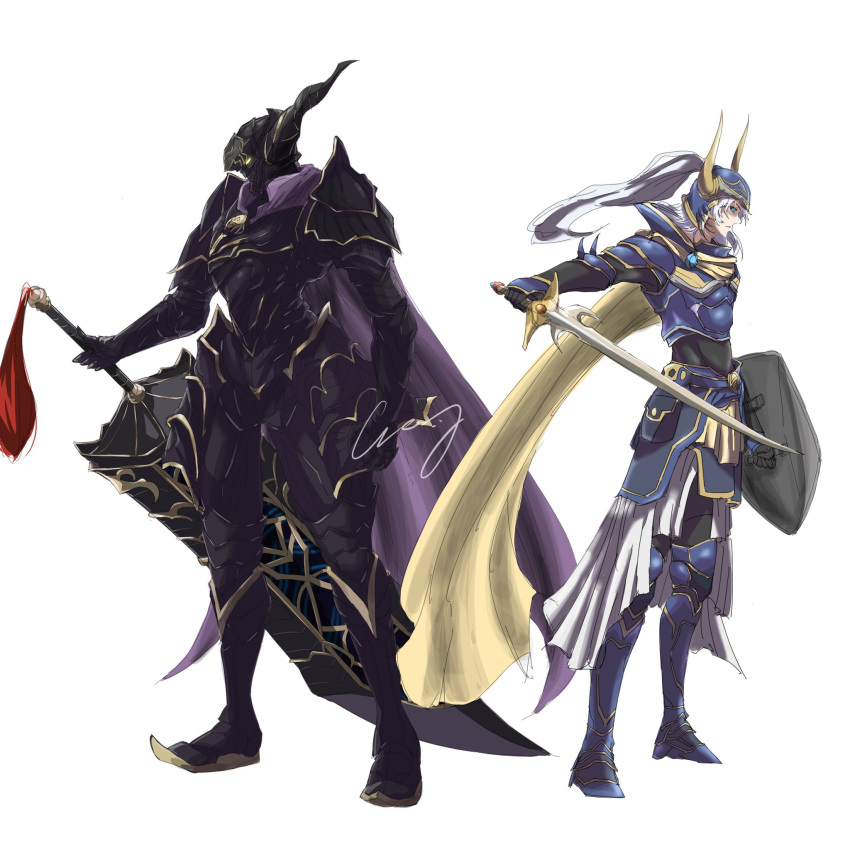 2boys armor black_armor blue_armor cape clawed_gauntlets crazy02oekaki fake_horns final_fantasy full_body glowing glowing_eyes greatsword grey_hair helmet highres horned_headwear horned_helmet horns huge_weapon jack_garland male_focus multiple_boys purple_cape shield shoulder_spikes simple_background spikes standing stranger_of_paradise:_final_fantasy_origin sword warrior_of_light weapon