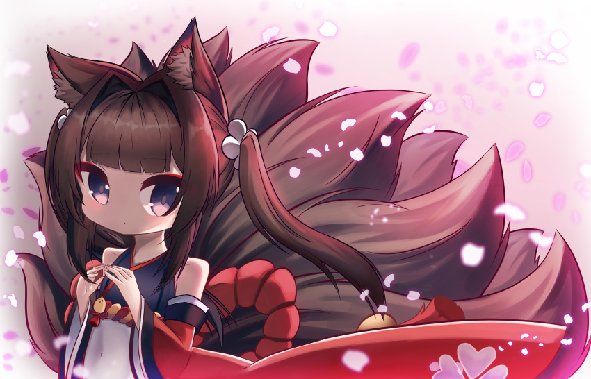 1girl absurdres amagi-chan_(azur_lane) animal_ears azur_lane bangs blunt_bangs brown_hair cameo commentary_request eyeshadow fox_ears fox_girl fox_tail hair_ornament highres inkyubeiteo japanese_clothes kyuubi long_hair long_sleeves looking_at_viewer makeup manjuu_(azur_lane) multiple_tails petals purple_eyes rope shimenawa sidelocks simple_background solo tail twintails wide_sleeves wind