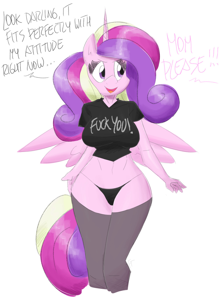 absurd_res anthro anthrofied black_clothing black_panties black_underwear bottomwear clothing english_text equid equine female flutterthrash friendship_is_magic hair hasbro hi_res horn leggings legwear mammal mature_anthro mature_female multicolored_hair multicolored_tail my_little_pony open_mouth panties pink_body pink_skin princess_cadance_(mlp) purple_eyes shirt solo text topwear underwear winged_unicorn wings