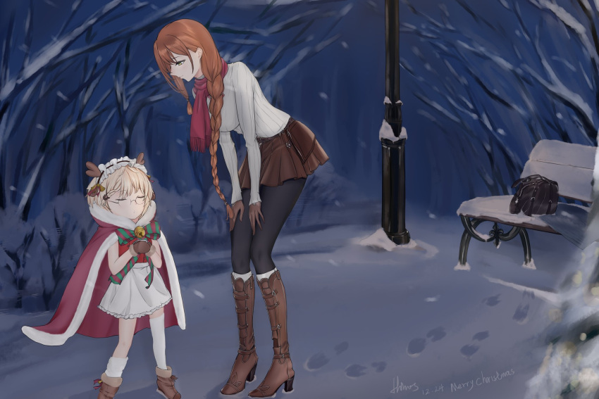 2girls antennae artist_name asymmetrical_legwear bag_removed bangs bench black_bag black_thighhighs blonde_hair boots bow bowtie braid braided_ponytail breasts brown_footwear brown_gloves brown_skirt cape chinese_commentary christmas closed_eyes closed_mouth cup dated dated_commentary dress g36_(every_child's_x'mas_dream)_(girls'_frontline) g36_(girls'_frontline) girls'_frontline glasses gloves green_eyes hair_ornament hairclip hands_on_legs high_heel_boots high_heels highres himos holding holding_cup long_hair long_sleeves looking_at_another looking_down maid_headdress medium_breasts merry_christmas multiple_girls official_alternate_costume orange_hair pantyhose red_cape red_scarf scarf short_hair skirt small_breasts smile snow snowflake_background socks springfield_(girls'_frontline) springfield_(o_holy_night)_(girls'_frontline) standing sweater thighhighs tree white_dress white_socks white_sweater white_thighhighs winter younger