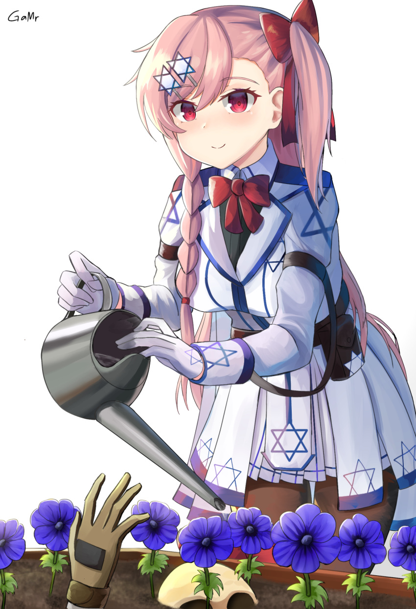 1girl black_pantyhose blue_flower bow braid breasts commission flower gamryous gardening girls'_frontline gloves hair_bow hair_ornament hairclip hexagram highres holding holding_watering_can long_hair long_sleeves medium_breasts negev_(girls'_frontline) one_side_up pantyhose pink_hair red_bow red_eyes smile solo_focus star_of_david watering watering_can white_gloves