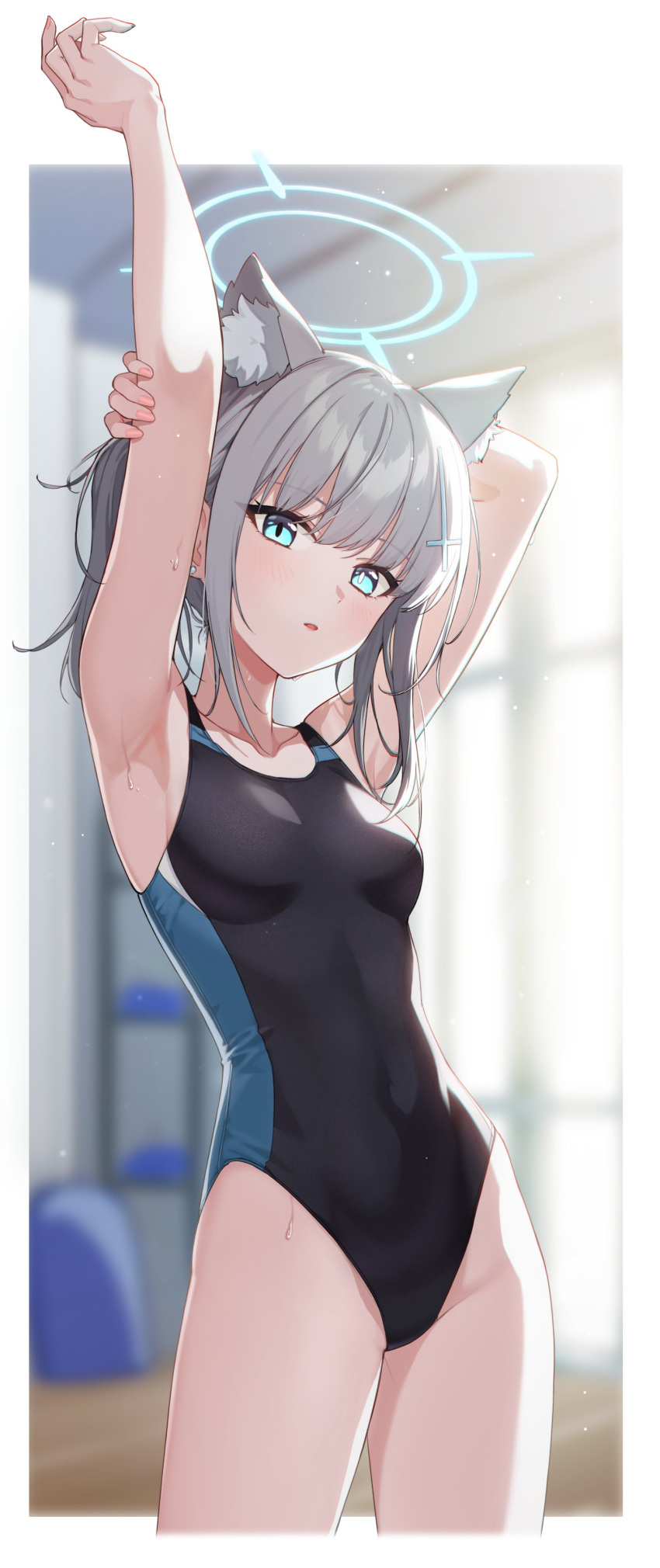 1girl 2qba absurdres animal_ear_fluff animal_ears armpits arms_up bare_arms bare_shoulders black_swimsuit blue_archive blue_eyes breasts collarbone competition_swimsuit contrapposto covered_navel cowboy_shot extra_ears fox_ears grey_hair hair_ornament halo highleg highleg_swimsuit highres long_hair looking_at_viewer medium_breasts mismatched_pupils one-piece_swimsuit parted_lips ponytail shiroko_(blue_archive) shiroko_(swimsuit)_(blue_archive) solo standing stretching sweatdrop swimsuit thighs wet