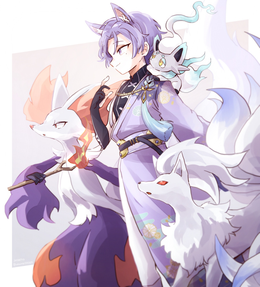 1boy animal_ears black_gloves dated delphox elbow_gloves fire fox_boy fox_ears gloves holding holding_stick japanese_clothes kuya_(nu_carnival) male_focus mole mole_under_eye nazuna220209 ninetales nu_carnival pokemon profile purple_eyes purple_hair solo_focus standing stick twitter_username zorua