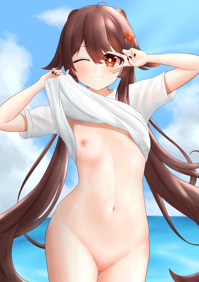 1girl absurdres ahoge bikini black_nails blue_sky bottomless breasts brown_hair clothes_lift cloud flower flower-shaped_pupils genshin_impact grin groin hair_flower hair_ornament hands_up highres hu_tao_(genshin_impact) jewelry laichange lifted_by_self long_hair multiple_rings nail_polish navel nipples ocean one_eye_closed plum_blossoms pussy red_eyes ring shirt shirt_lift sky small_breasts smile solo stomach swimsuit symbol-shaped_pupils t-shirt twintails uncensored v v_over_eye very_long_hair white_shirt wide_hips