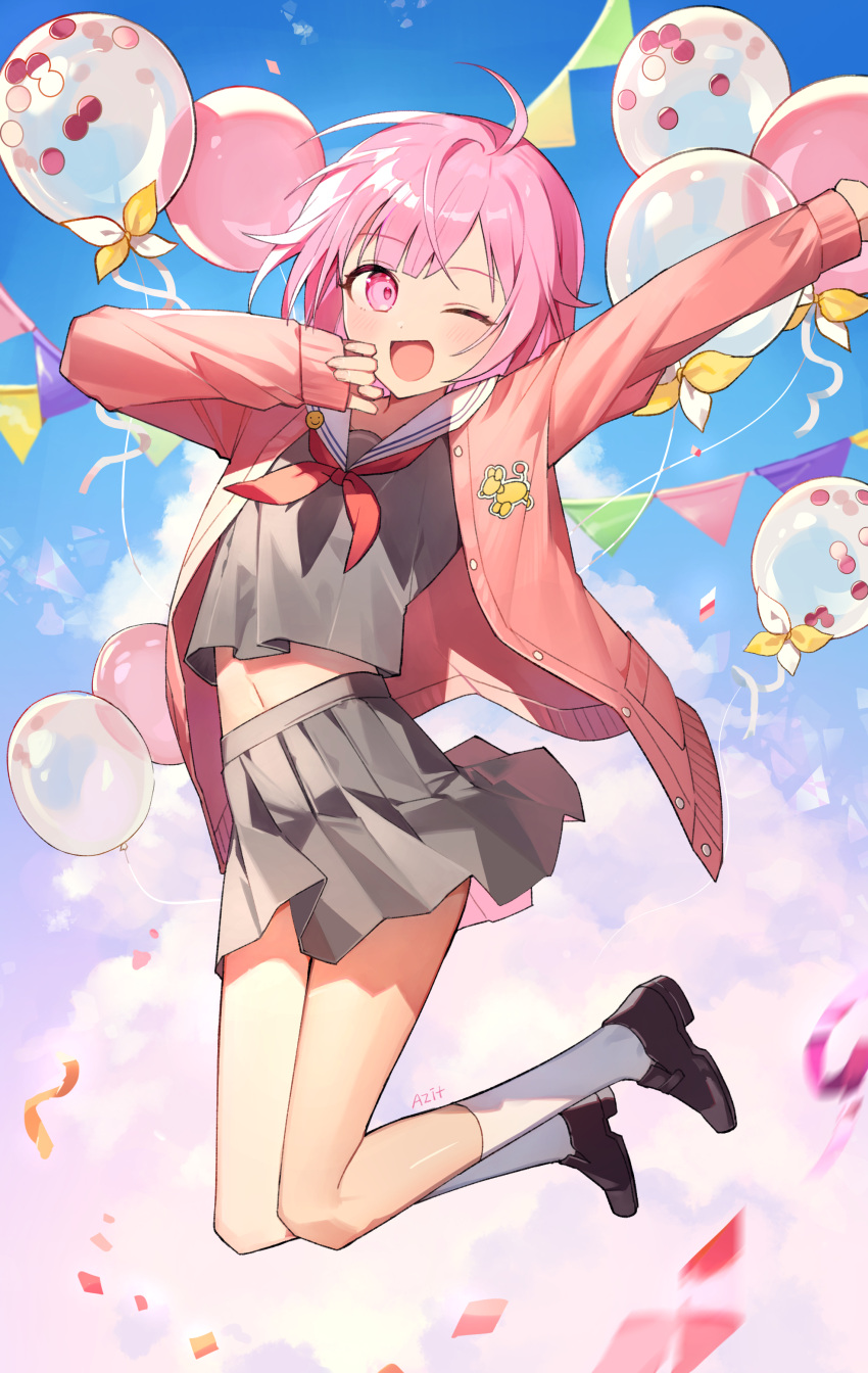 1girl ;d absurdres ahoge azit_(down) balloon blue_sky cardigan cloud cloudy_sky commentary_request confetti day grey_serafuku grey_shirt grey_skirt highres looking_at_viewer neckerchief one_eye_closed ootori_emu open_cardigan open_clothes outdoors outstretched_arm pink_cardigan pink_eyes pink_hair pleated_skirt project_sekai red_neckerchief sailor_collar school_uniform serafuku shirt skirt sky smile solo white_sailor_collar