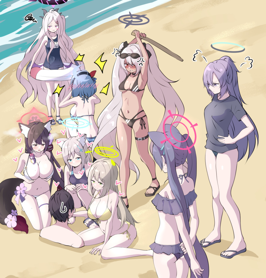 1boy 6+girls absurdly_long_hair ahoge ako_(blue_archive) alternate_costume alternate_hairstyle anger_vein animal_ear_fluff animal_ears armpits arms_behind_back arms_up bangs bare_shoulders beach belt bikini black_bikini black_hair black_hairband black_shirt blue_archive blue_eyes blue_hair blush blush_stickers breasts buried cat_ears cleavage closed_mouth collarbone commentary_request competition_swimsuit dark_skin demon_horns demon_wings eyewear_on_head flip-flops flower fox_ears fox_tail from_above from_behind full_body green_eyes grey_background grey_hair hair_between_eyes hair_ornament hairband hairclip halo heart highres hina_(blue_archive) hina_(swimsuit)_(blue_archive) holding holding_sword holding_weapon horns iori_(blue_archive) iori_(swimsuit)_(blue_archive) large_breasts long_hair looking_at_another mismatched_pupils multiple_girls navel nonomi_(blue_archive) nonomi_(swimsuit)_(blue_archive) ocean one-piece_swimsuit ponytail purple_eyes purple_hair red_eyes sandals school_swimsuit sensei_(blue_archive) serika_(blue_archive) serika_(swimsuit)_(blue_archive) shiroko_(blue_archive) shiroko_(swimsuit)_(blue_archive) shirt short_sleeves side-tie_bikini sidelocks sitting smile spaghetti_strap squatting squiggle standing stomach sunglasses sweatdrop swimsuit sword tail thighlet tonomiya68 trapped twintails two_side_up very_long_hair wakamo_(blue_archive) wakamo_(swimsuit)_(blue_archive) walking wariza weapon white_bikini wings wooden_sword yellow_bikini yellow_eyes yuuka_(blue_archive)