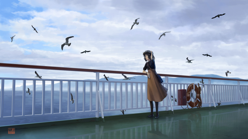 1girl 8sets bird black_eyes black_hair black_shirt brown_skirt cloud cloudy_sky commentary_request grey_headwear hat highres lifebuoy long_skirt mountain ocean original outdoors railing reflection scenery ship shirt short_hair short_sleeves skirt sky solo watercraft