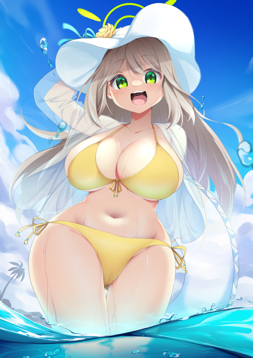 1girl :d bangs bikini blue_archive blue_sky blush bracelet breasts cleavage cloud cloudy_sky flower front-tie_bikini front-tie_top green_eyes hat hat_flower hat_ribbon highres innertube jacket jewelry kanmuri_(kannmuri0227) large_breasts light_brown_hair navel nonomi_(blue_archive) nonomi_(swimsuit)_(blue_archive) official_alternate_costume outdoors palm_tree partially_submerged ribbon see-through see-through_jacket sky smile sun_hat swept_bangs swimsuit tree water yellow_bikini