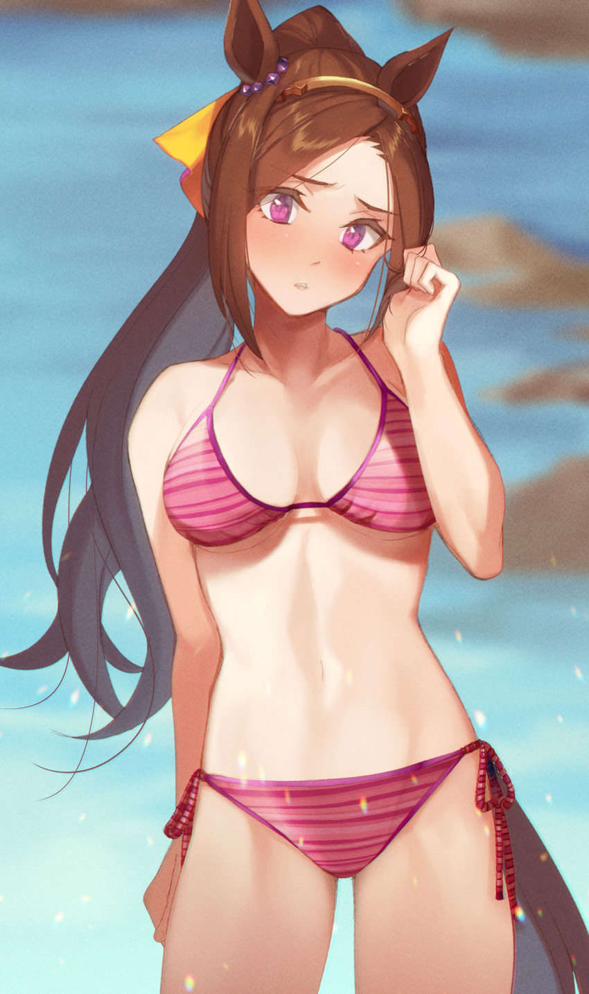 1girl animal_ears bikini breasts brown_hair commentary_request cowboy_shot highres horse_ears horse_girl horse_tail kabocha_(monkey4) long_hair looking_at_viewer medium_breasts pink_bikini ponytail purple_eyes sakura_bakushin_o_(umamusume) side-tie_bikini solo standing striped striped_bikini swimsuit tail umamusume