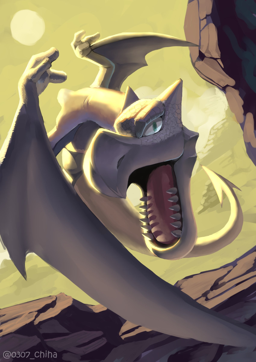 absurdres aerodactyl blue_eyes chiha_bobobo cloud highres looking_at_viewer monster no_humans open_mouth pokemon pokemon_(creature) rock scales sky sun sunlight tail teeth tongue twitter_username wings