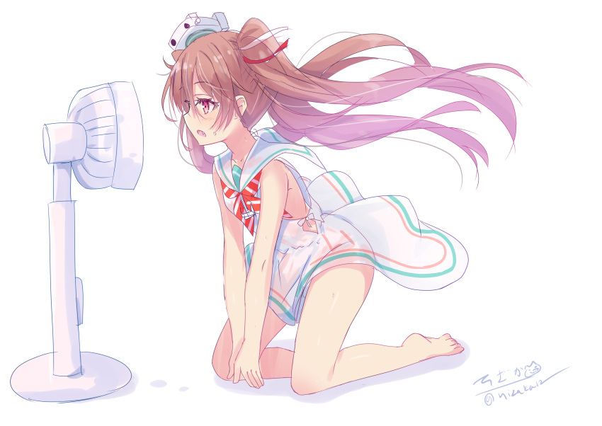 1girl absurdres brown_eyes brown_hair commentary_request dark-skinned_female dark_skin dress electric_fan fang fanning_face fanning_self hair_ribbon hat highres hizaka kantai_collection libeccio_(kancolle) long_hair mini_hat neckerchief one-hour_drawing_challenge ribbon sailor_dress signature sleeveless sleeveless_dress solo striped_neckerchief sweat tan twintails white_background