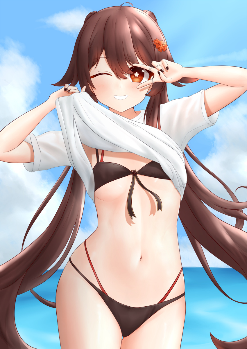 1girl absurdres ahoge bikini black_bikini black_nails blue_sky breasts brown_hair clothes_lift cloud flower flower-shaped_pupils genshin_impact grin hair_flower hair_ornament hands_up highres hu_tao_(genshin_impact) jewelry laichange layered_bikini lifted_by_self long_hair multiple_rings nail_polish navel ocean one_eye_closed plum_blossoms red_bikini red_eyes ring shirt shirt_lift sky small_breasts smile solo stomach swimsuit symbol-shaped_pupils t-shirt twintails v v_over_eye very_long_hair white_shirt wide_hips