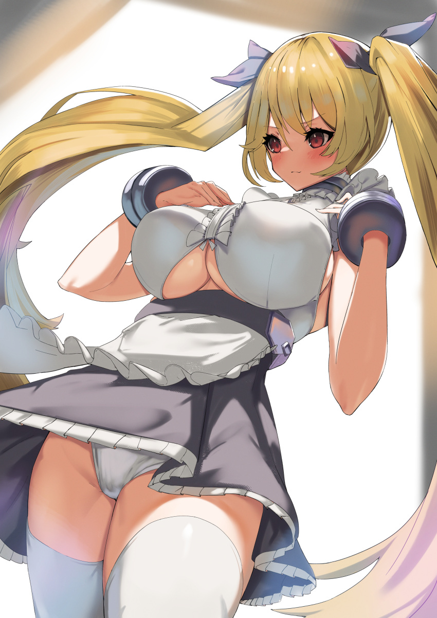 1girl absurdres azur_lane black_ribbon black_skirt blonde_hair breasts center_frills clothing_cutout collar cosplay cowboy_shot dido_(azur_lane) dido_(azur_lane)_(cosplay) frills from_below hair_ribbon high-waist_skirt highres karakushi large_breasts long_hair metal_collar nelson_(azur_lane) panties pantyshot red_eyes ribbon shirt skirt solo thighhighs twintails underboob underboob_cutout underwear very_long_hair white_panties white_shirt white_thighhighs