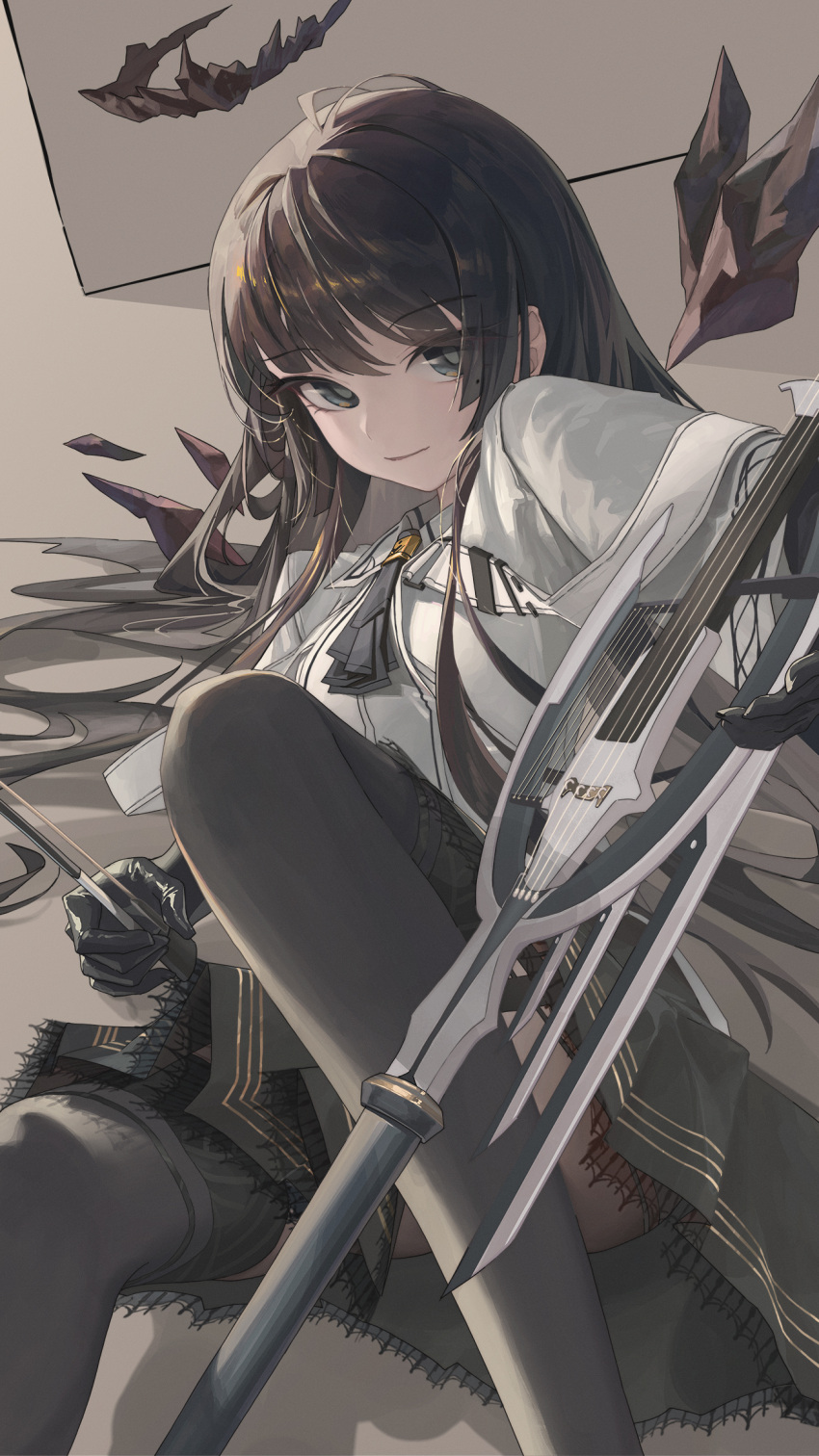 1girl 9am9i antenna_hair arknights arm_support ascot belt belt_buckle black_ascot black_eyes black_garter_straps black_gloves black_skirt black_thighhighs blunt_bangs bow_(music) breasts broken_halo brown_hair brown_halo brown_wings buckle cello closed_mouth collared_jacket colored_inner_hair commentary dark_halo detached_wings elbow_gloves energy_wings eyelashes feet_out_of_frame film_grain floor foreshortening from_above garter_straps gloves grey_pupils hair_flowing_over hair_spread_out halo hand_up highres hime_cut holding holding_bow_(music) holding_instrument holding_violin indoors instrument jacket knees_up layered_sleeves light_brown_hair light_smile long_hair long_sleeves looking_at_viewer looking_to_the_side lying miniskirt mole mole_under_eye multicolored_hair on_floor on_side pleated_skirt shadow shiny_gloves short_over_long_sleeves short_sleeves sidelocks skirt solo straight_hair thighhighs thighs two-tone_hair very_long_hair violin virtuosa_(arknights) wall white_belt white_jacket wide_sleeves wing_collar wings zettai_ryouiki