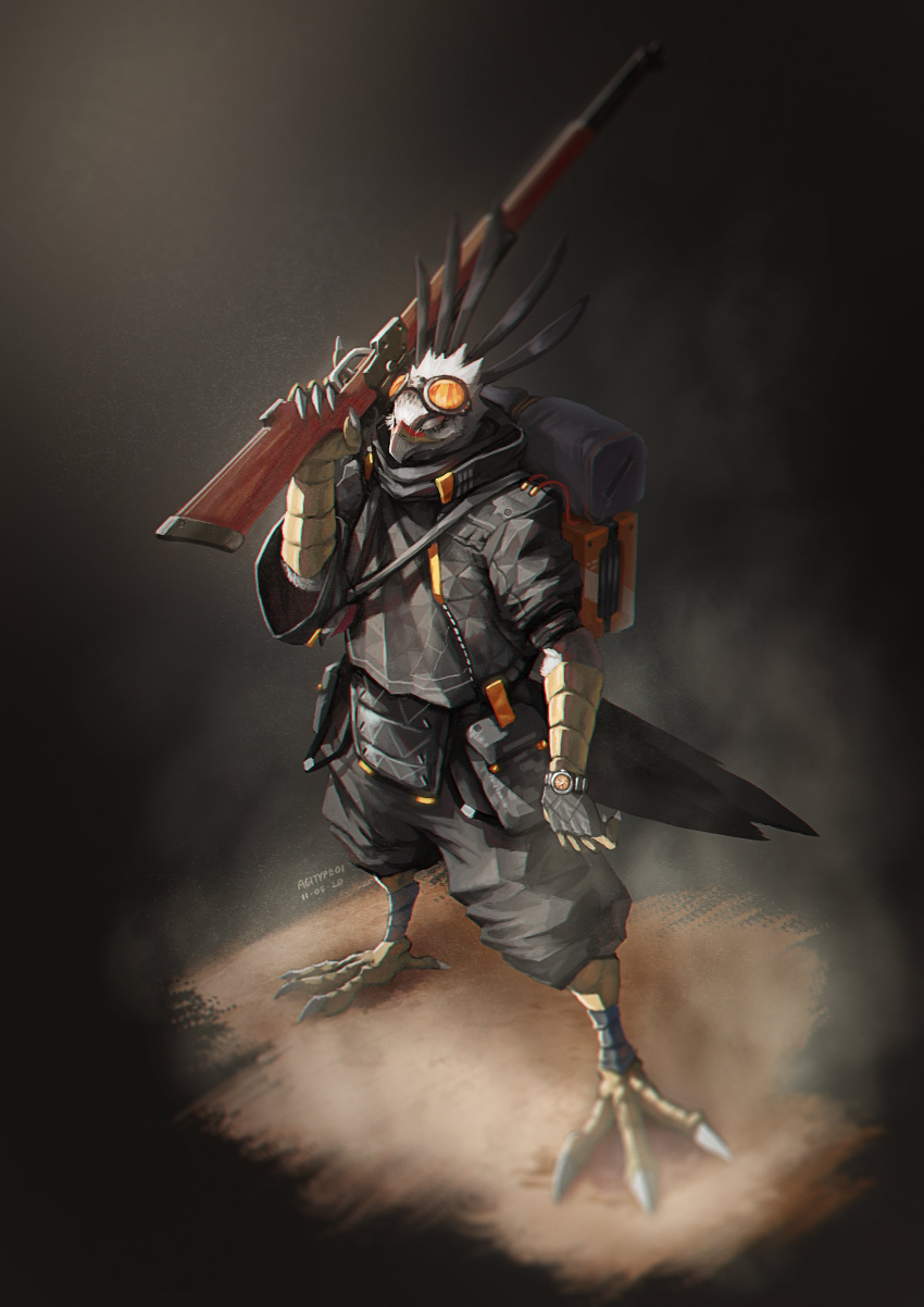 absurd_res agitype01 anthro avian avian_feet beak biped clothed clothing eyes_closed feathers gun hi_res holding_gun holding_object holding_weapon male ranged_weapon solo weapon white_body white_feathers
