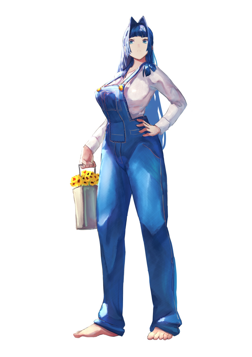 1girl absurdres adapted_costume barefoot blue_eyes blue_hair blue_overalls blue_pants blunt_bangs blunt_ends breasts bucket curvy denim_overalls erasorpepero flower full_body hair_intakes hand_on_own_hip high-waist_pants highres hime_cut holding holding_bucket hololive hololive_english large_breasts long_hair long_sleeves looking_at_viewer official_alternate_hair_length official_alternate_hairstyle ouro_kronii ouro_kronii_(3rd_costume) overalls pants shirt sidelocks simple_background solo sunflower virtual_youtuber white_background white_shirt
