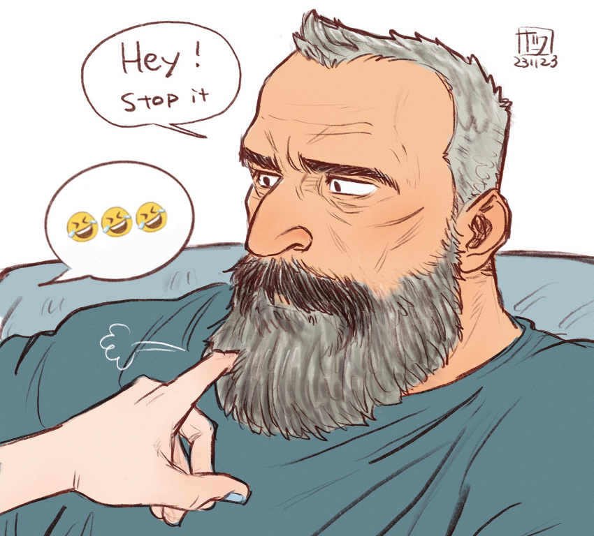 1boy 1girl aaron_gruber_(o_natsuo88) beard beard_stubble blue_shirt emoji english_text facial_hair grey_hair highres long_beard madison_(o_natsuo88) mature_male mustache o_natsuo88 old old_man original out_of_frame receding_hairline scar scar_on_cheek scar_on_face shirt short_hair simple_background speech_bubble thick_beard thick_eyebrows thick_mustache upper_body white_background wrinkled_skin