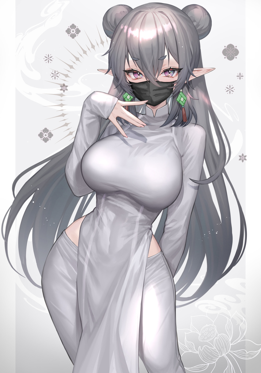 1girl absurdres black_hair breasts double_bun dress earrings hair_bun highres hitowa jewelry large_breasts looking_at_viewer mask mouth_mask original pointy_ears solo