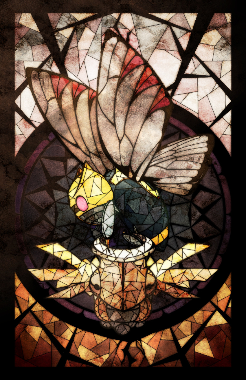 animal_focus black_border black_eyes blank_eyes border bug commentary_request free_butterfree from_side full_body halo highres ninjask no_humans partial_commentary pokemon pokemon_(creature) profile red_eyes shedinja stained_glass straight-on