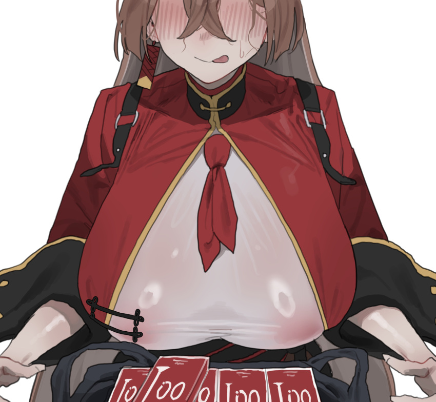 1girl bag black_skirt blue_archive blush breasts brown_hair closed_mouth condom_box crossed_bangs hair_between_eyes head_out_of_frame high-waist_skirt highres large_breasts licking_lips long_hair mimyo neckerchief red_shirt rumi_(blue_archive) shirt shopping_bag short_sleeves skirt smile solo tongue tongue_out very_long_hair