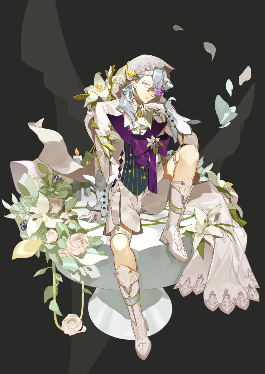 1boy absurdres alternate_costume black_background black_gemstone boots bow buttons candle caviar_(food_fantasy) closed_mouth cuff_links double-breasted expressionless falling_petals flower flower_over_eye food_fantasy frilled_shirt frills full_body gem gloves grey_hair hair_over_one_eye head_rest highres j_na jacket knee_up lapels leaf lily_(flower) long_sleeves looking_at_viewer male_focus one_eye_covered pedestal petals plant purple_bow purple_eyes purple_flower purple_rose rose shirt shorts sitting solo thigh_strap veil vines white_flower white_footwear white_gloves white_jacket white_lily white_rose white_shirt white_shorts white_veil
