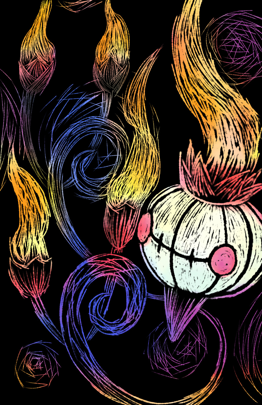 alternate_color black_background blank_eyes chandelure commentary_request fire free_butterfree highres no_humans no_lineart pink_eyes pokemon pokemon_(creature) shiny_pokemon solo