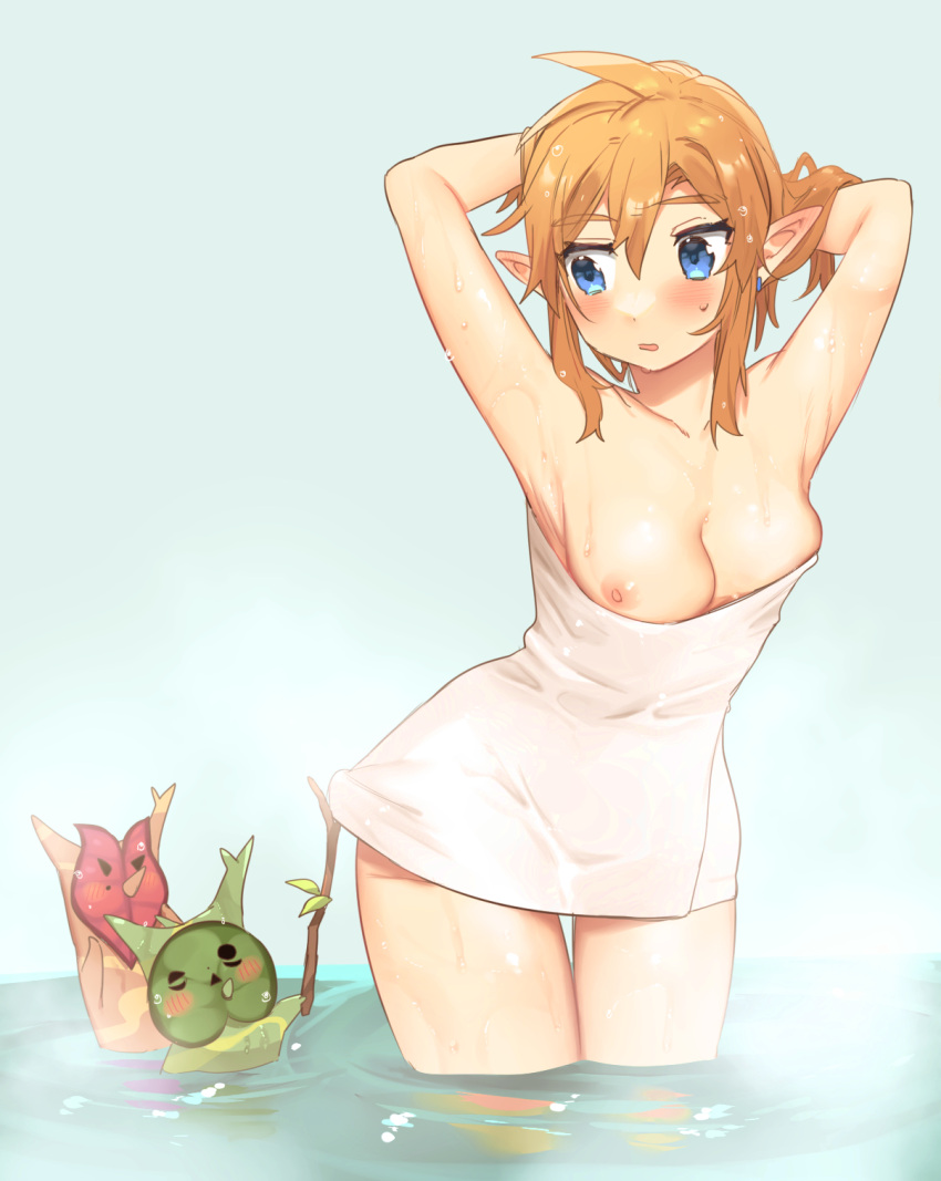 1girl :o arms_up blue_eyes blush breasts closed_mouth collarbone earrings hands_in_own_hair highres holding holding_stick jewelry korok large_breasts link nipples pointy_ears shiny_skin steam stick the_legend_of_zelda towel towel_slip ttanuu. wading water