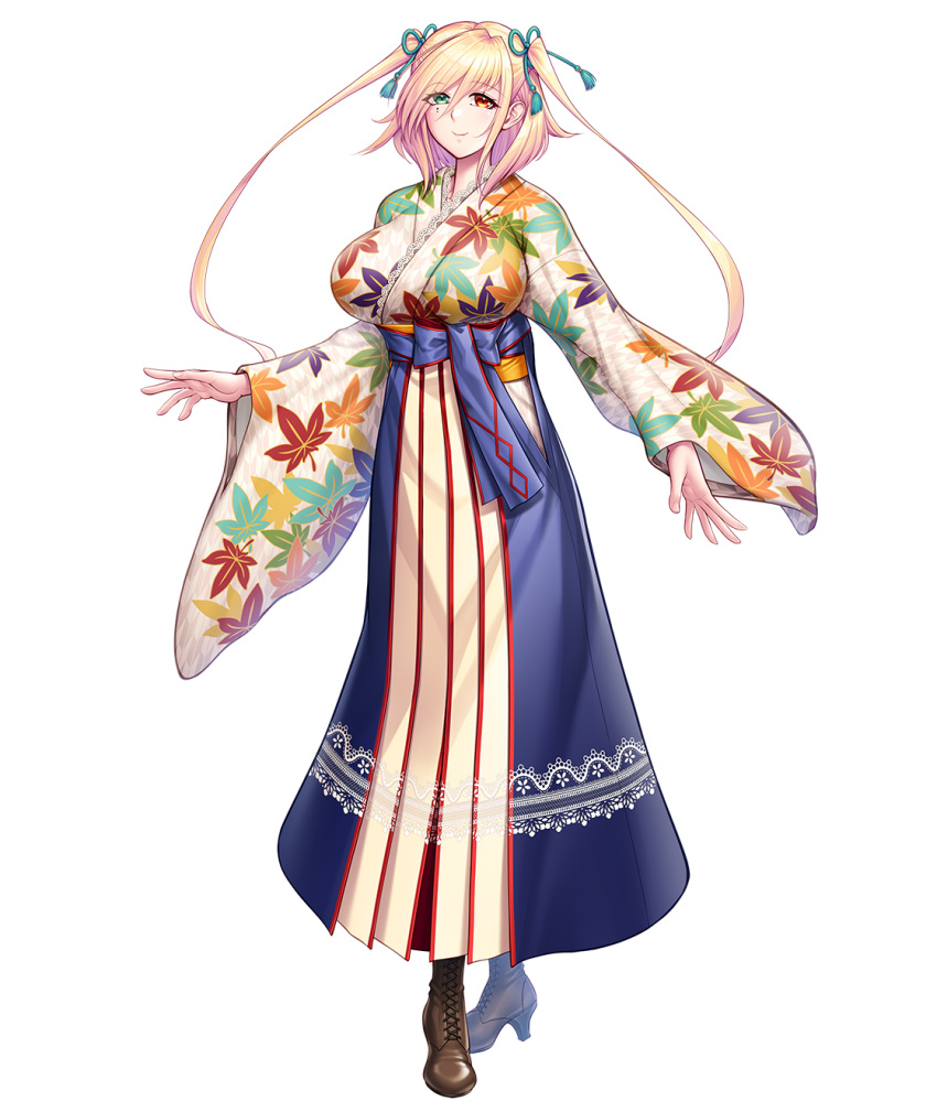 1girl blonde_hair blue_hakama boots breasts floral_print full_body green_eyes hair_ribbon hakama heterochromia high_heel_boots high_heels highres japanese_clothes kimono large_breasts long_hair looking_at_viewer mole mole_under_eye official_art orange_eyes ribbon second-party_source shinganji_kaede smile solo taimanin_(series) taimanin_rpgx twintails white_background zol