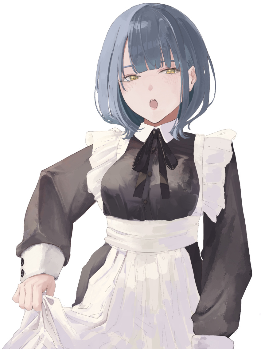 1girl absurdres ahataro alternate_costume apron apron_hold arm_at_side black_dress black_ribbon blue_hair blunt_bangs blush breasts buttons collared_dress cowboy_shot dress enmaided half-closed_eyes hanayagi_kaoruko highres long_sleeves looking_at_viewer maid medium_breasts medium_hair neck_ribbon open_mouth ribbon shoujo_kageki_revue_starlight simple_background solo standing teeth upper_teeth_only waist_apron white_apron white_background yellow_eyes