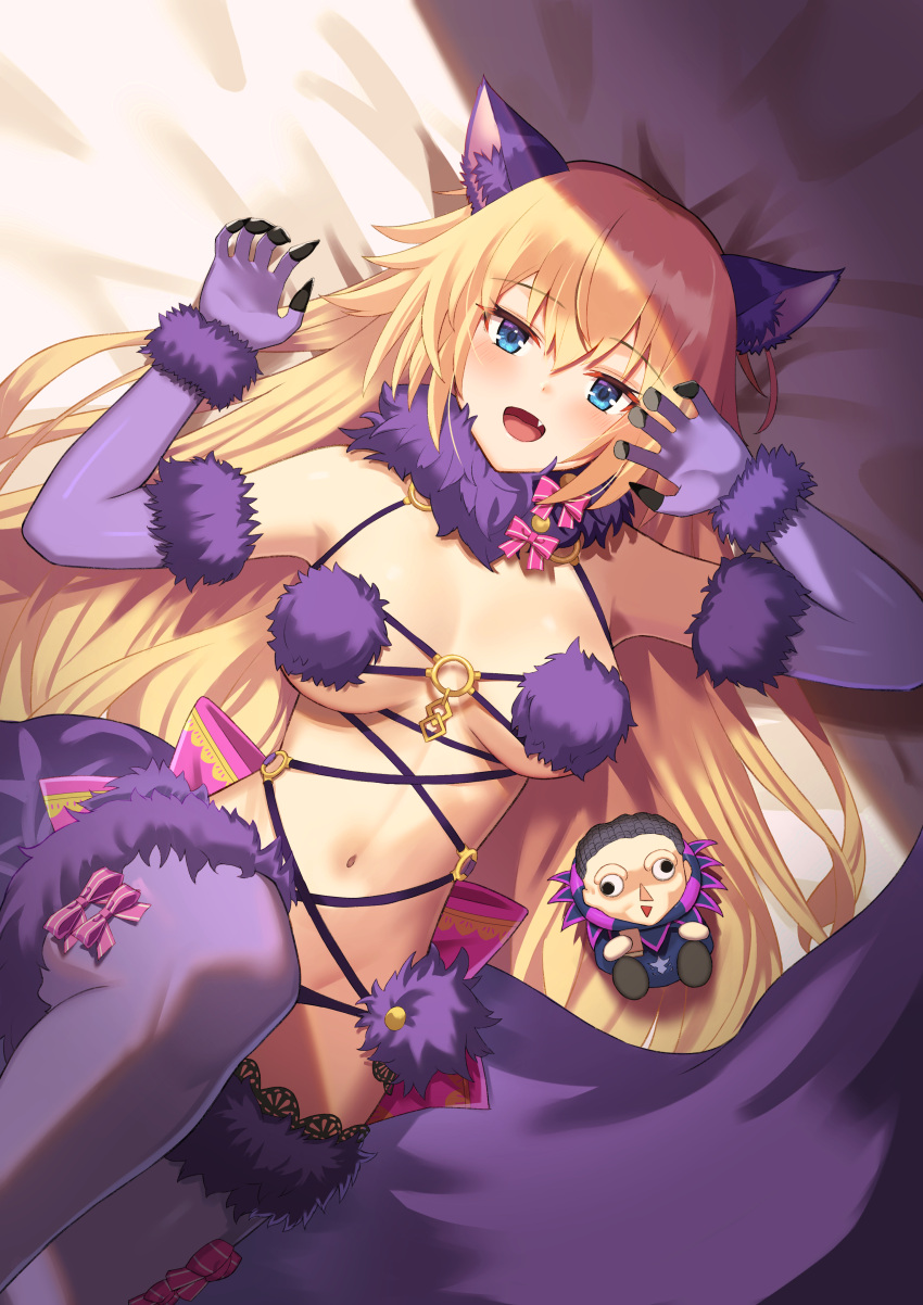 1girl absurdres animal_ears bare_shoulders black_panties blonde_hair blue_eyes blush bow breasts character_doll cleavage cosplay elbow_gloves fate/apocrypha fate/grand_order fate_(series) fur-trimmed_gloves fur-trimmed_legwear fur_collar fur_trim gilles_de_rais_(caster)_(fate) gloves highres jeanne_d'arc_(fate) jeanne_d'arc_(ruler)_(fate) lace-trimmed_legwear lace_trim large_breasts long_hair looking_at_viewer lying mash_kyrielight mash_kyrielight_(dangerous_beast) mash_kyrielight_(dangerous_beast)_(cosplay) motukan navel o-ring on_back open_mouth panties purple_gloves purple_thighhighs revealing_clothes smile solo stuffed_toy tail thighhighs underwear very_long_hair wolf_ears wolf_tail