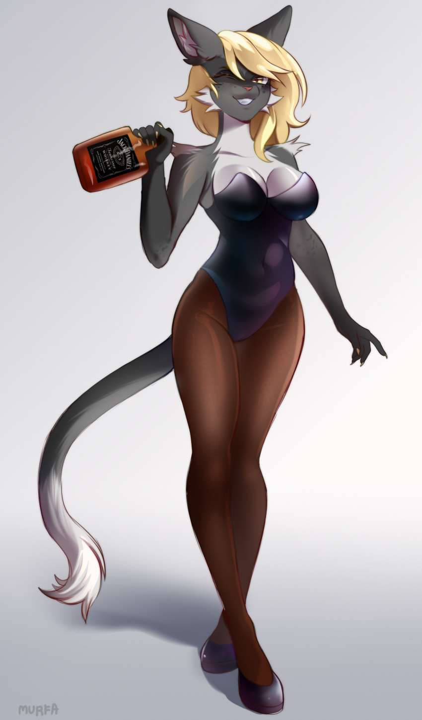 absurd_res alcohol anthro beverage blonde_hair bodysuit breasts cat_tail cleavage clothed clothing felid feline female fluffy_shoulders footwear grey_background grey_body guide_lines hair herm hi_res high_heels intersex jack_daniel's legwear mammal murfa simple_background sketch sketchy skinsuit solo stockings tight_clothing tights white_body