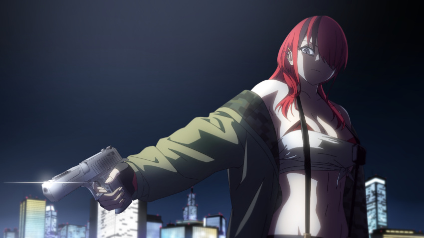 1girl bandeau bare_shoulders black_hair breasts city cleavage commentary_request green_jacket grey_eyes gun hair_over_one_eye handgun highres holding holding_gun holding_weapon jacket lain_paterson long_hair long_sleeves looking_at_viewer midriff multicolored_hair navel night night_sky nijisanji open_clothes open_jacket outdoors red_hair sky small_breasts solo stomach strapless streaked_hair suspenders tube_top upper_body weapon yoshino_(laencl)