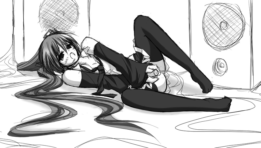absurdres bad_id bad_pixiv_id detached_sleeves greyscale hatsune_miku highres long_hair masturbation microphone mikago_kotaro monochrome necktie open_mouth skirt solo speaker thighhighs twintails vocaloid