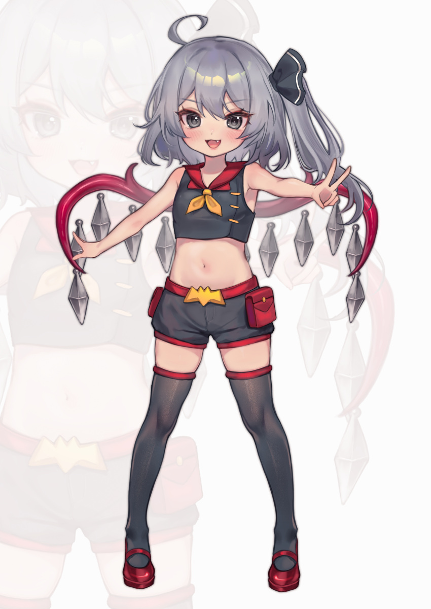 1girl absurdres ahoge bare_shoulders black_thighhighs blush commentary commission fang full_body grey_eyes grey_hair grey_shorts highres legs_apart medium_hair midriff navel neckerchief open_mouth orange_neckerchief original outstretched_arms pixiv_commission qiu_ju red_footwear short_shorts shorts side_ponytail simple_background smile solo spread_arms standing sugardre_scarlet thighhighs touhou tsurime v v-shaped_eyebrows white_background zoom_layer
