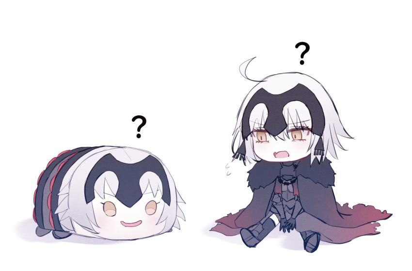 1girl ? ahoge armor black_armor black_cape black_thighhighs cape character_pillow chibi fang fate/grand_order fate_(series) flying_sweatdrops fur-trimmed_cape fur_trim headpiece highres jeanne_d'arc_alter_(avenger)_(fate) jeanne_d'arc_alter_(avenger)_(first_ascension)_(fate) jeanne_d'arc_alter_(fate) mini_person minigirl nesoberi open_mouth pillow roro_982 short_hair simple_background skin_fang solo thighhighs torn_cape torn_clothes white_background white_hair yellow_eyes