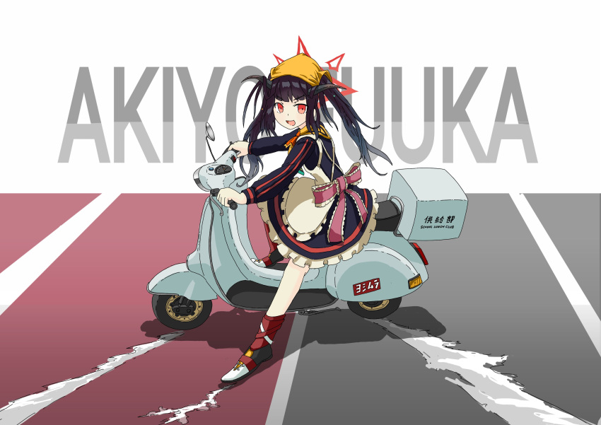 1girl absurdres akira_(blue_archive) akira_(manga) akira_slide apron black_hair black_horns blue_archive character_name dress driving frilled_dress frills head_scarf highres horns johnnysubsonic long_hair long_sleeves looking_at_viewer motor_vehicle motorcycle open_mouth red_eyes scooter shoes simple_background solo vespa