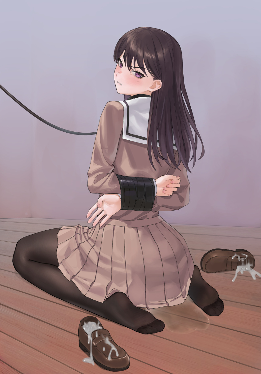 1girl absurdres bang_dream! bang_dream!_it's_mygo!!!!! bdsm black_hair black_pantyhose bondage bound bound_arms bound_wrists brown_skirt chuck_(harfmoondark) cuffs cum feet highres legs long_hair looking_at_viewer looking_back no_shoes pantyhose pleated_skirt purple_eyes restrained sailor_collar school_uniform serafuku shiina_taki shoes skirt soles tape tape_bondage toes