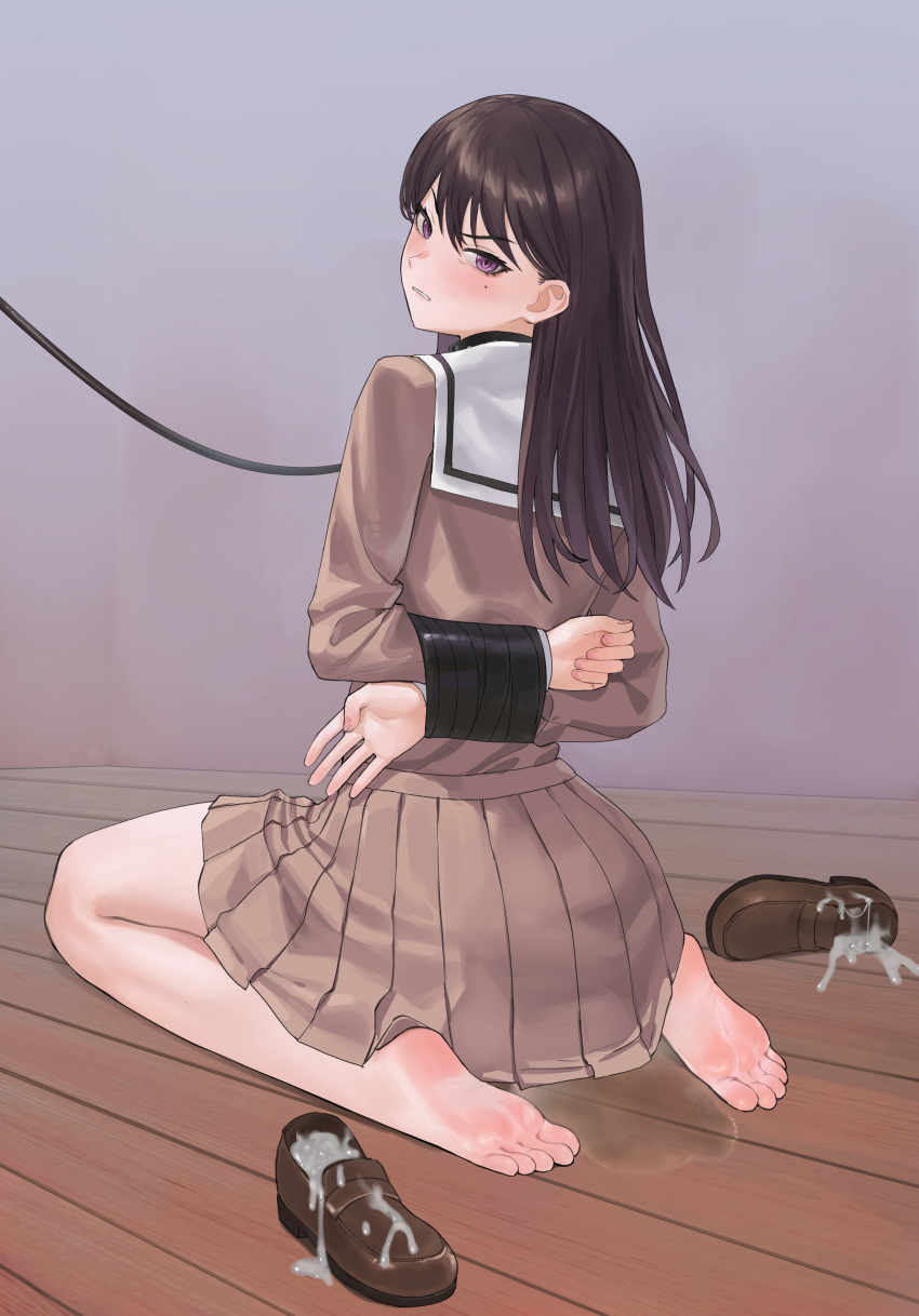 1girl absurdres bang_dream! bang_dream!_it's_mygo!!!!! bare_legs barefoot bdsm black_hair bondage bound bound_arms bound_wrists brown_skirt chuck_(harfmoondark) commentary_request cuffs cum feet highres legs long_hair looking_at_viewer looking_back pleated_skirt purple_eyes restrained sailor_collar school_uniform serafuku shiina_taki shoes skirt soles tape tape_bondage toes