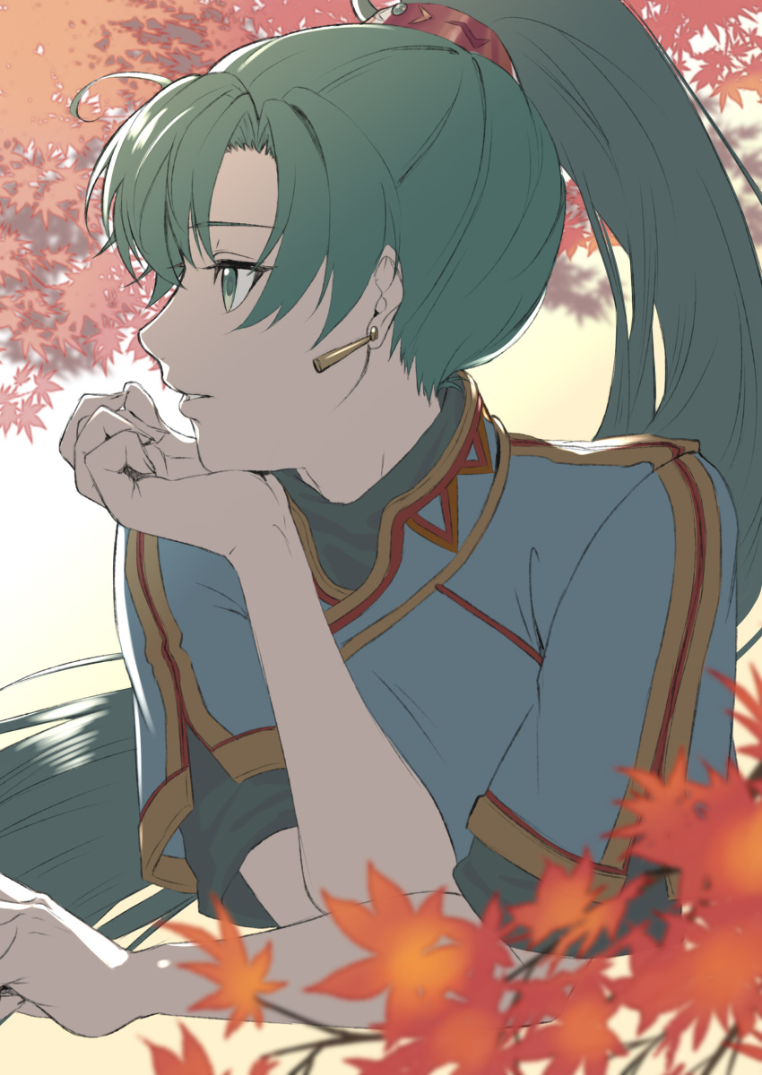 1girl absurdres autumn_leaves blue_dress china_dress chinese_clothes delsaber dress earrings fire_emblem fire_emblem:_the_blazing_blade green_eyes green_hair head_rest highres jewelry leaf long_hair lyn_(fire_emblem) parted_lips ponytail profile short_sleeves solo very_long_hair