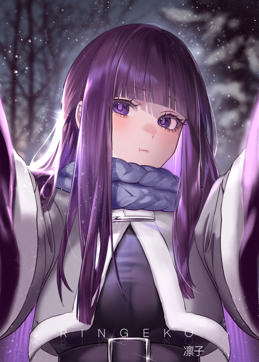 1girl :t absurdres alternate_costume blunt_bangs blush breasts closed_mouth coat commentary fern_(sousou_no_frieren) highres imminent_hug large_breasts long_hair looking_at_another looking_at_viewer official_alternate_costume outstretched_arms pout pov purple_eyes purple_hair purple_pupils ringeko-chan scarf snow snowing solo sousou_no_frieren spread_arms straight_hair winter_clothes winter_coat