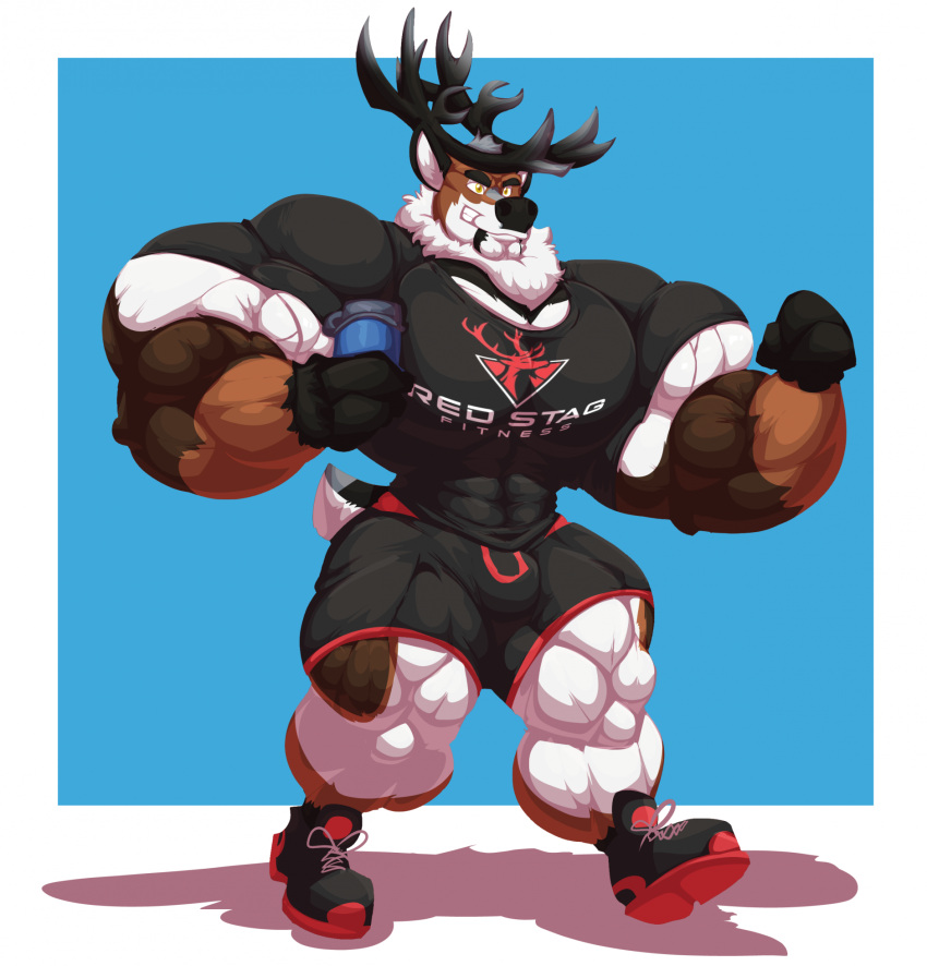 3_fingers anthro antlers big_muscles bobert bottomwear bulge clothing deer english_text fingers footwear grin hi_res holding_object horn huge_muscles huge_pecs hyper hyper_muscles male mammal muscular new_world_deer pants plantigrade reindeer shadow shirt shoes smile solo text text_on_clothing text_on_shirt text_on_topwear thermos topwear walking