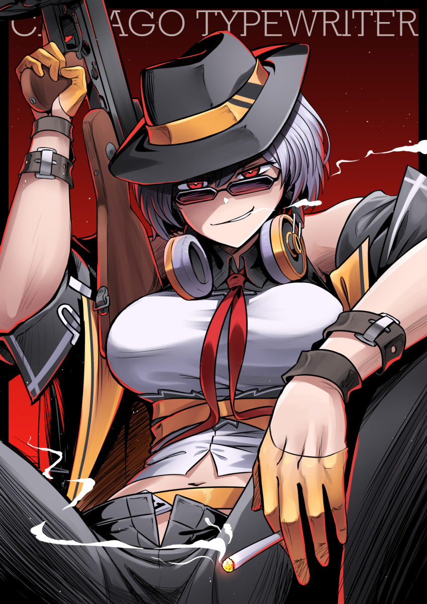 1girl black_headwear black_pants breasts cigarette english_text girls'_frontline glasses gloves grey_hair gun highres large_breasts looking_at_viewer pants red_background red_eyes senpaihawkkun shirt smile smoking solo stomach submachine_gun thompson_(girls'_frontline) thompson_submachine_gun unzipped weapon white_shirt yellow_gloves