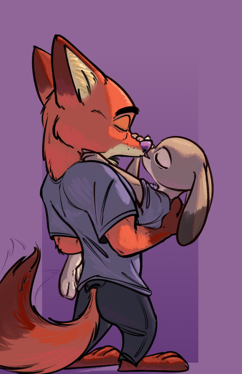2023 3_toes 4_fingers abstract_background anthro bridal_carry canid canine carrying carrying_another carrying_partner digital_media_(artwork) dipstick_ears disney eyes_closed feet female fingers fox fur furgonomics gloves_(marking) gradient_background hi_res judy_hopps kissing male male/female mammal markings multicolored_body multicolored_ears multicolored_fur nick_wilde purple_background rear_view red_fox romantic romantic_couple simple_background tail tail_motion tailwag tangerine_(artist) toes zootopia